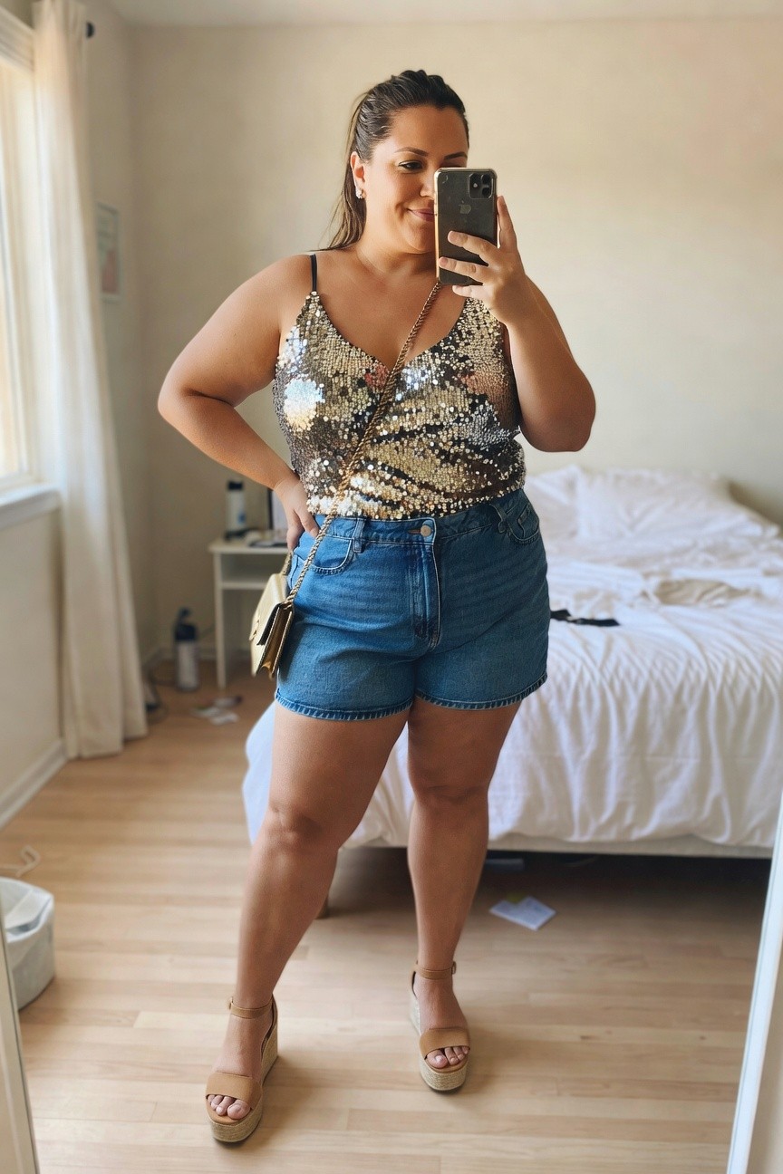 Woman in sequin top and denim shorts taking a mirror selfie.