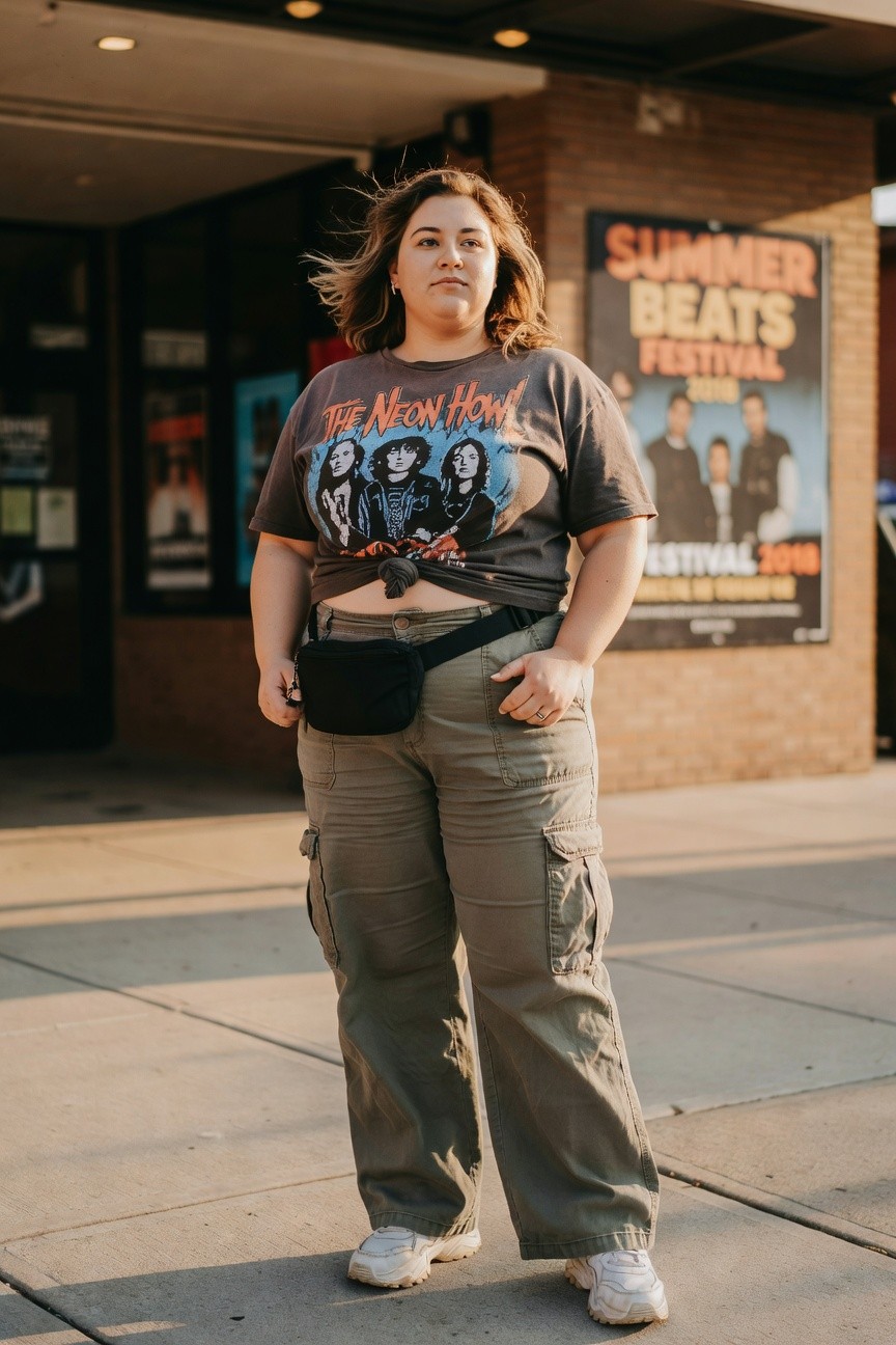 Young woman in cargo pants and a knotted band tee with fanny pack.
