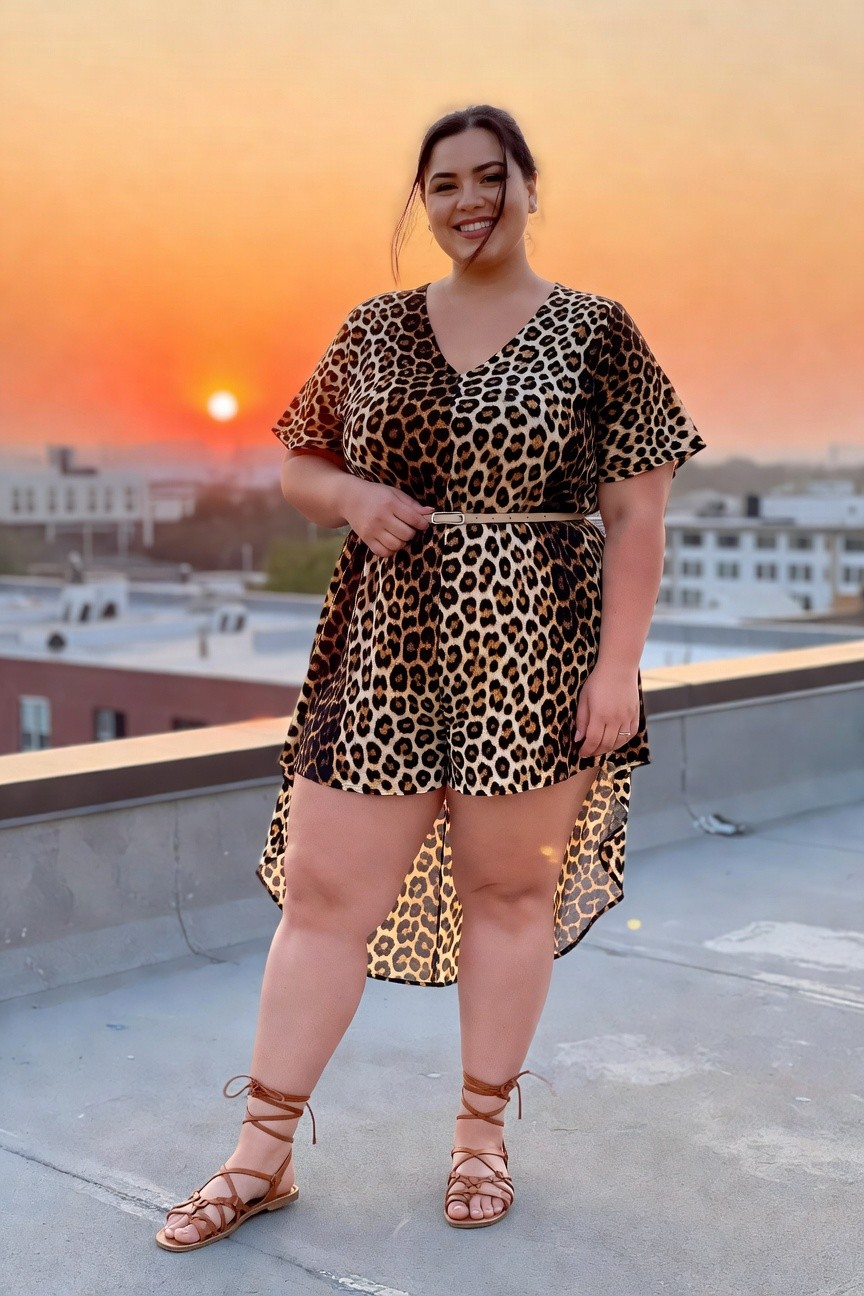 Woman in leopard-print high-low romper with belt and strappy sandals at sunset.