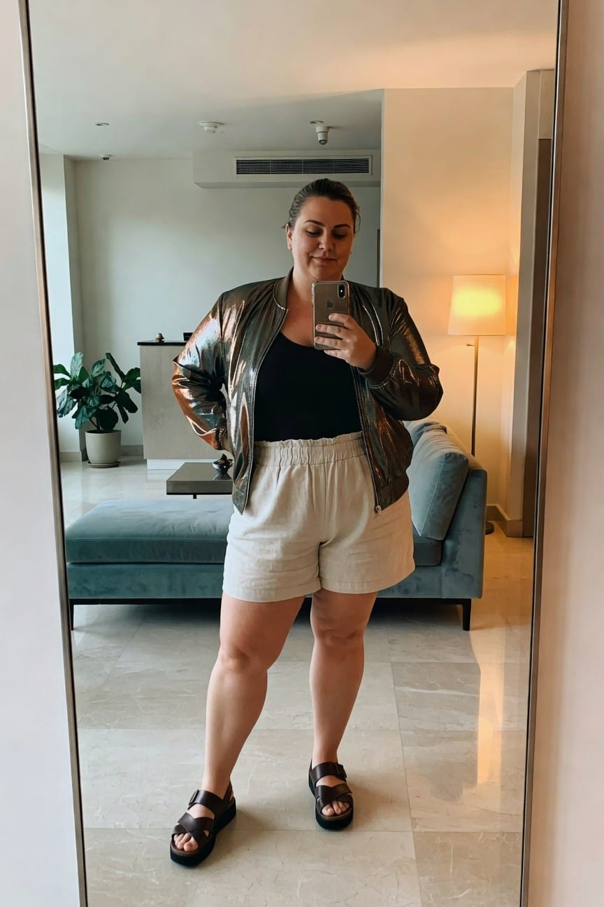 Woman in metallic jacket and beige shorts taking a mirror selfie.