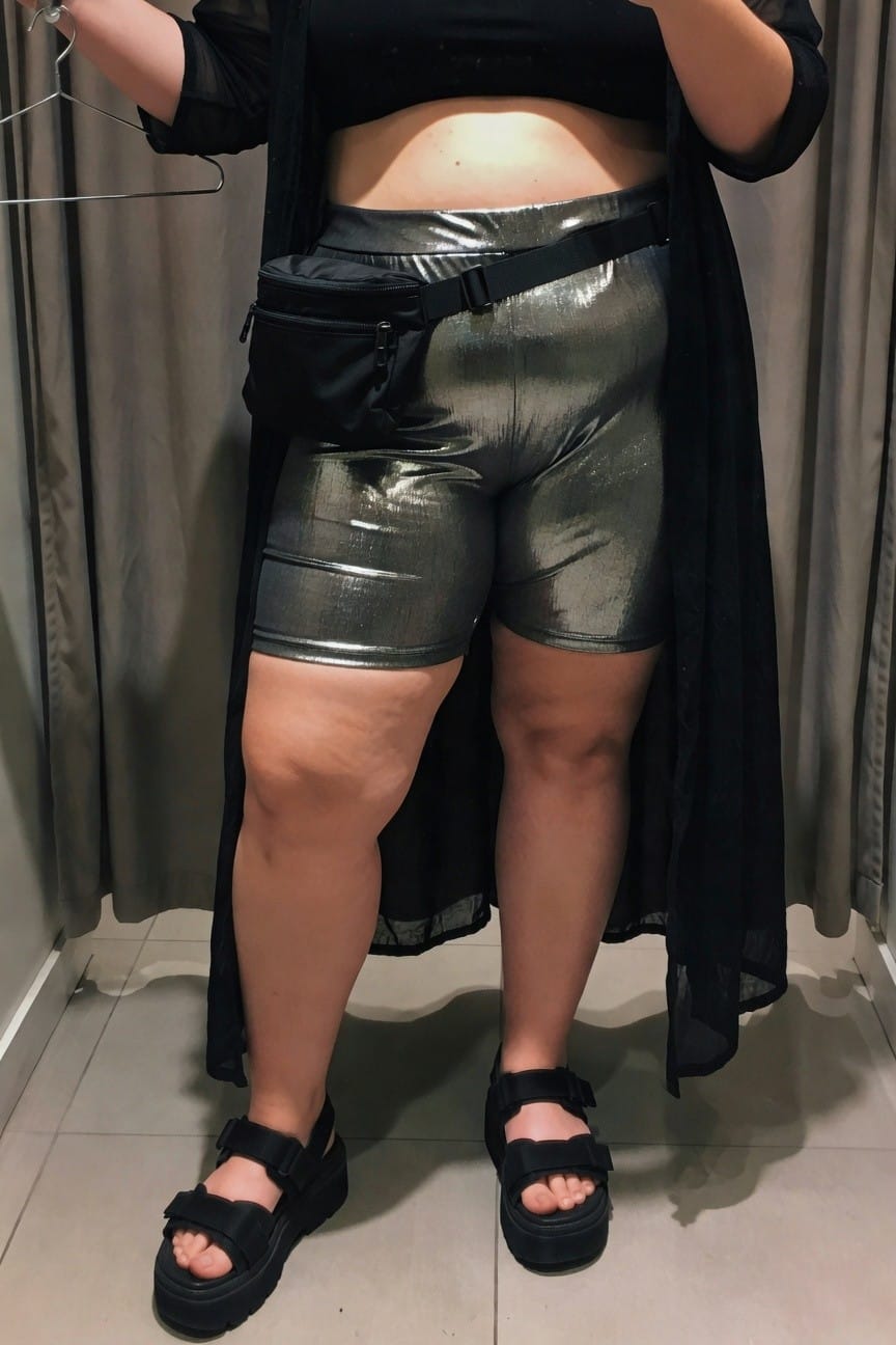 Person in shiny silver shorts, black top, fanny pack, and platform sandals.