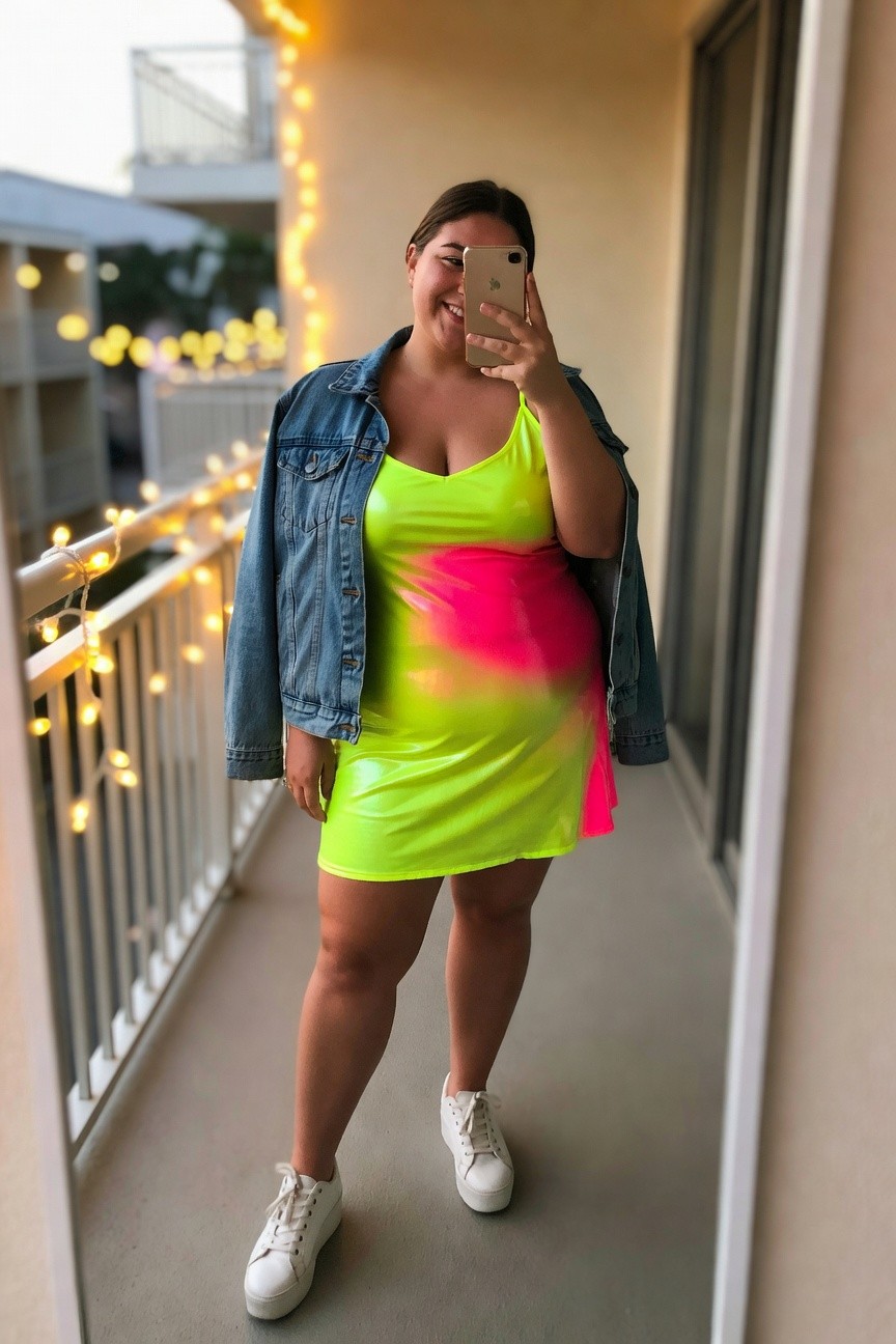 Woman in neon tie-dye dress and denim jacket taking a mirror selfie.