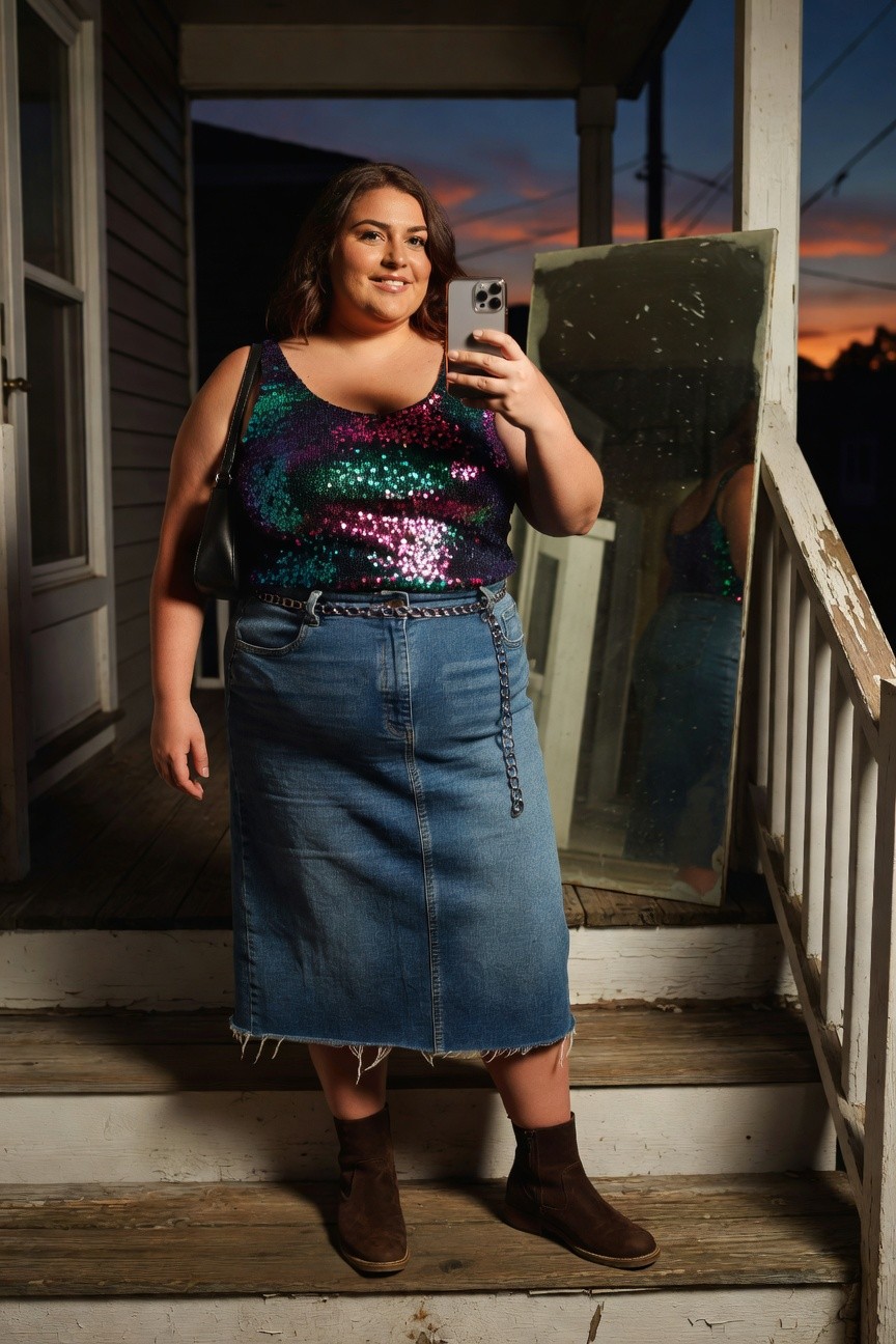 Woman in sequin top and denim skirt taking a mirror selfie on porch.