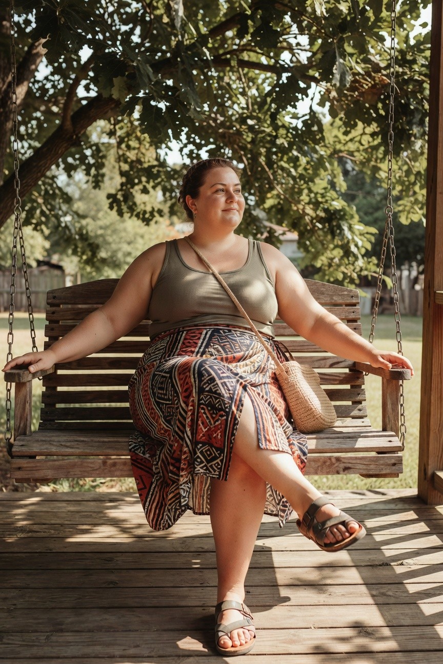 Woman in patterned skirt sitting on wooden porch swing outdoors.
