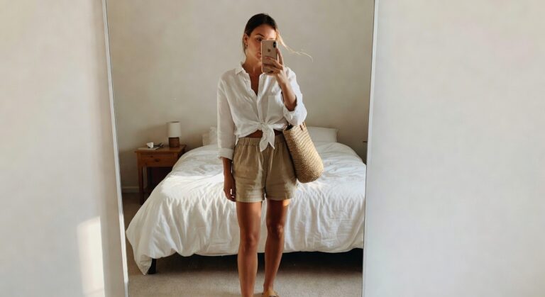 Woman wearing a white linen button-up shirt tied at the waist over cream pleated shorts, carrying a woven straw tote and tan slide sandals.