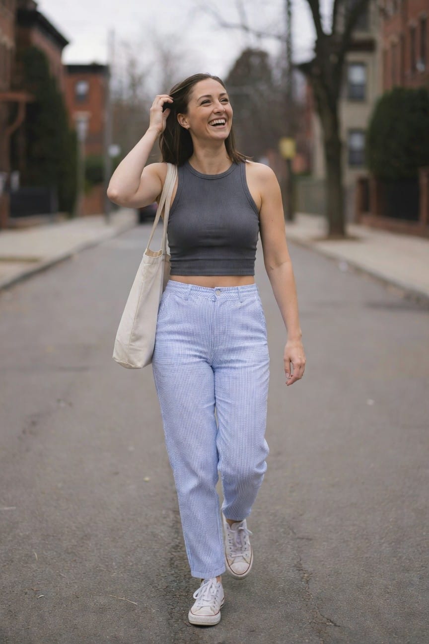 Gray Crop Tank And Striped Pants