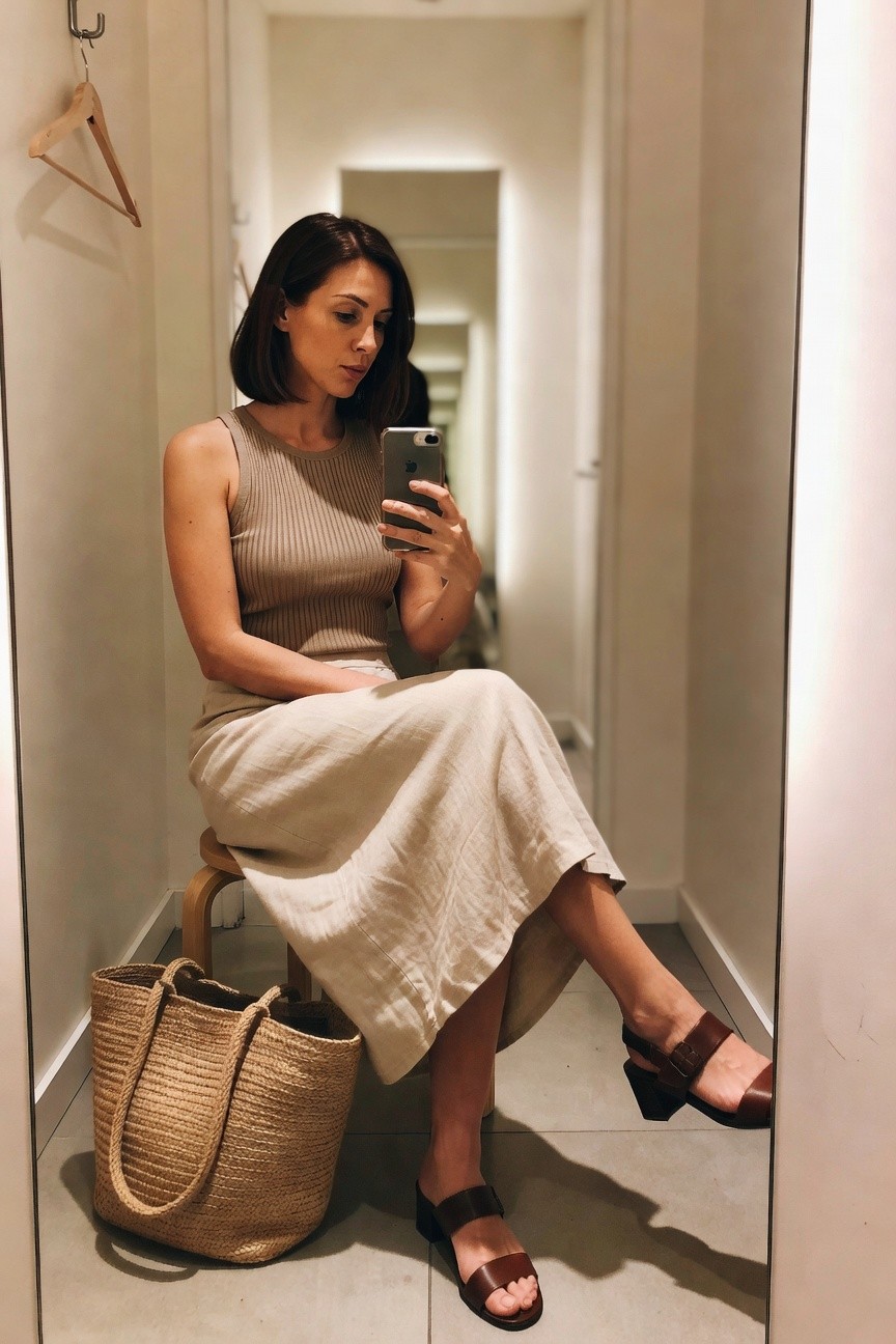 A woman wearing a beige ribbed sleeveless tank top paired with a light beige linen midi skirt and brown leather block heel sandals while holding a phone in a mirror selfie.