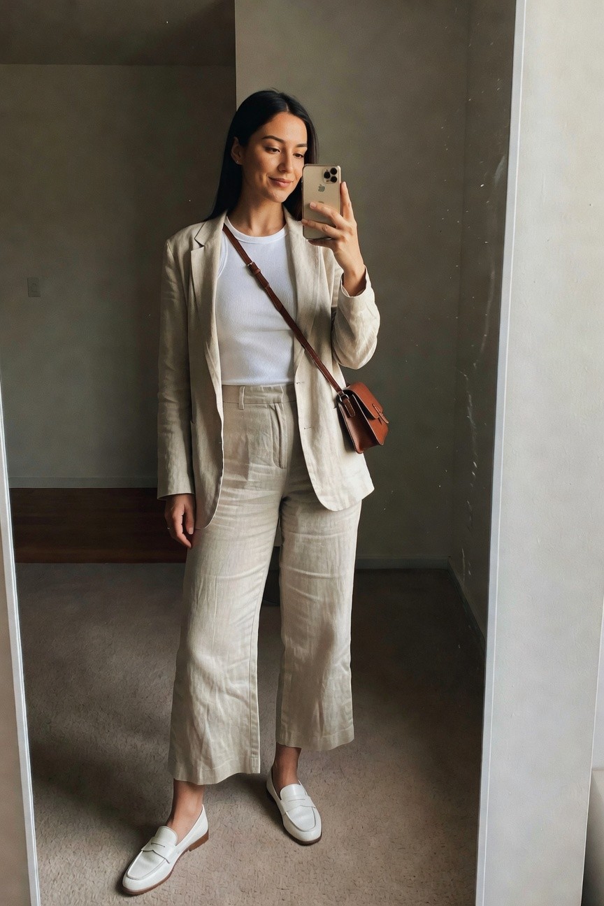 Linen Blazer And Pants In Soft Neutrals