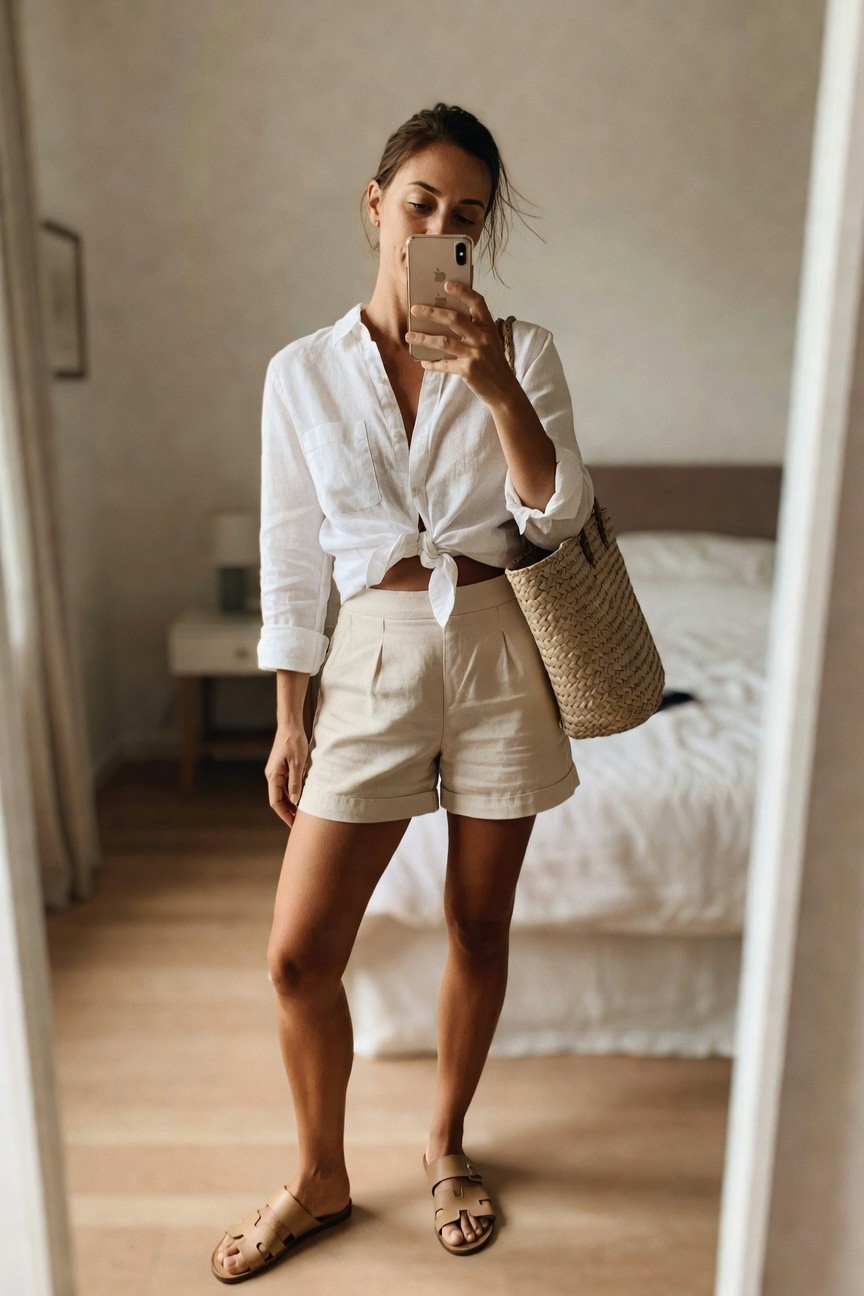 Woman wearing a white linen button-up shirt tied at the waist over cream pleated shorts, carrying a woven straw tote and tan slide sandals.