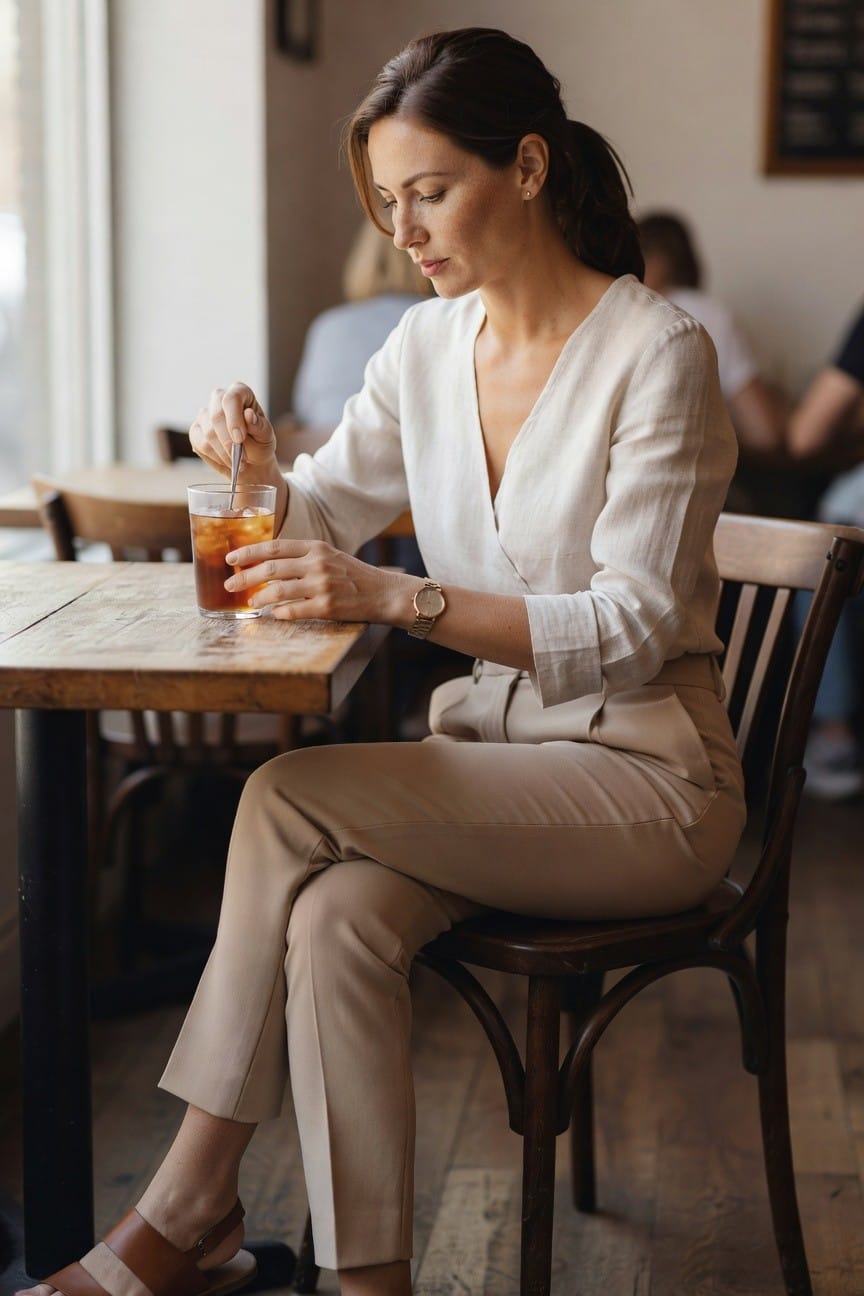 Neutral Linen Blouse With Relaxed Trousers