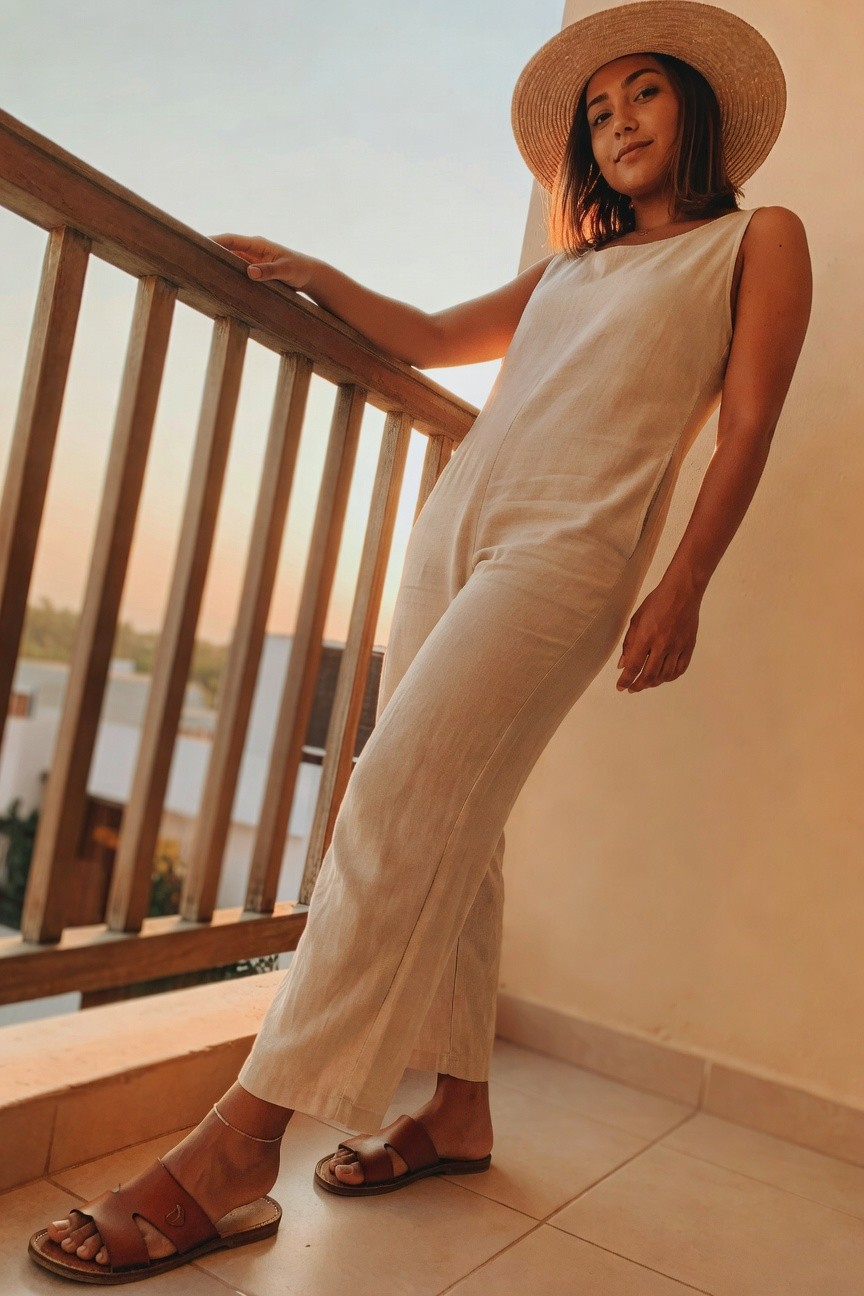 Sleeveless Linen Jumpsuit With Leather Sandals