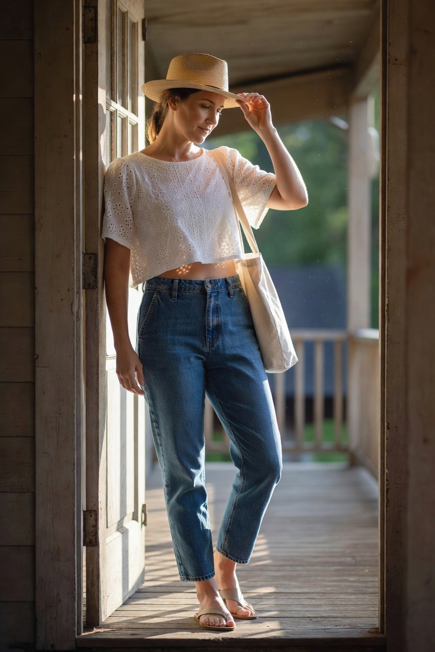 White Eyelet Crop Top With Straight Leg Jeans
