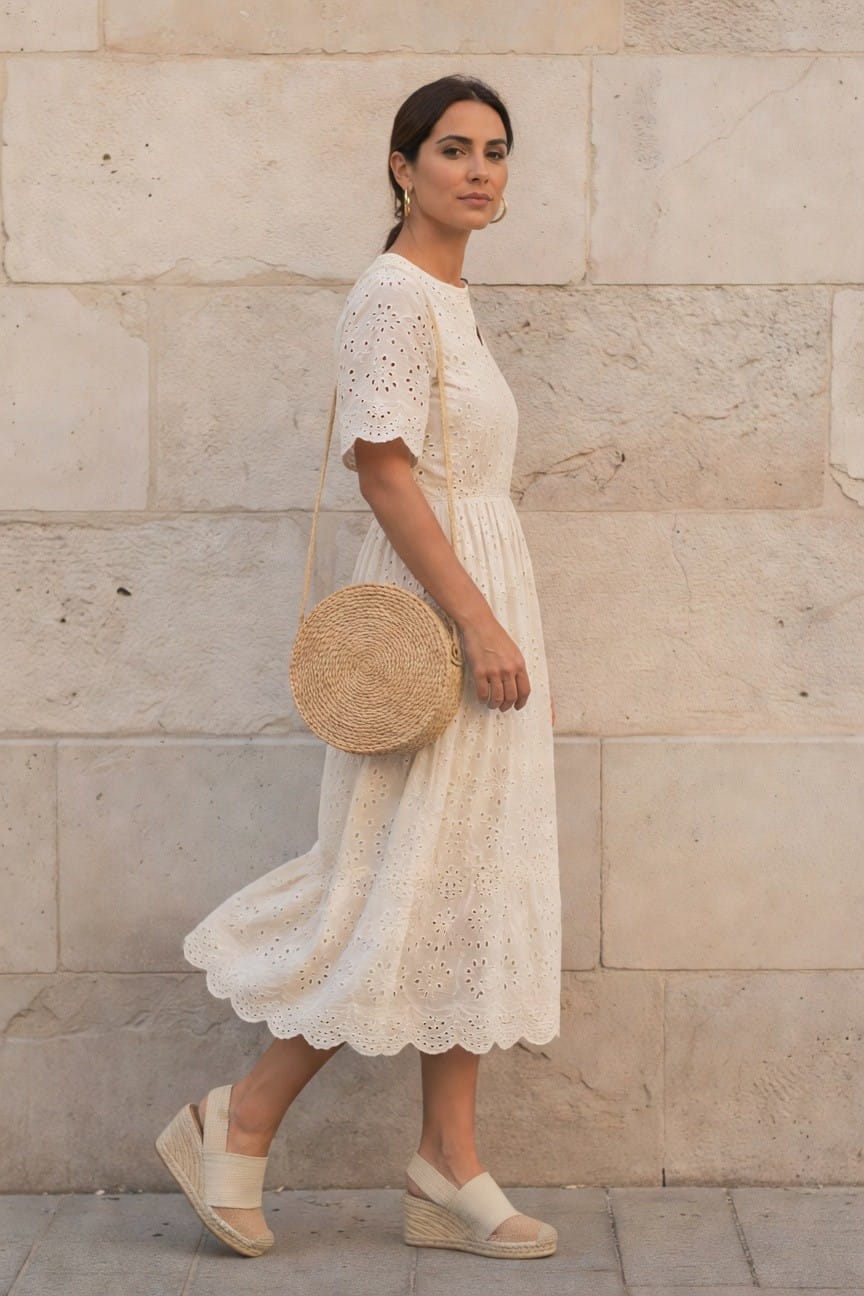 White Eyelet Midi Dress With Straw Bag And Wedges