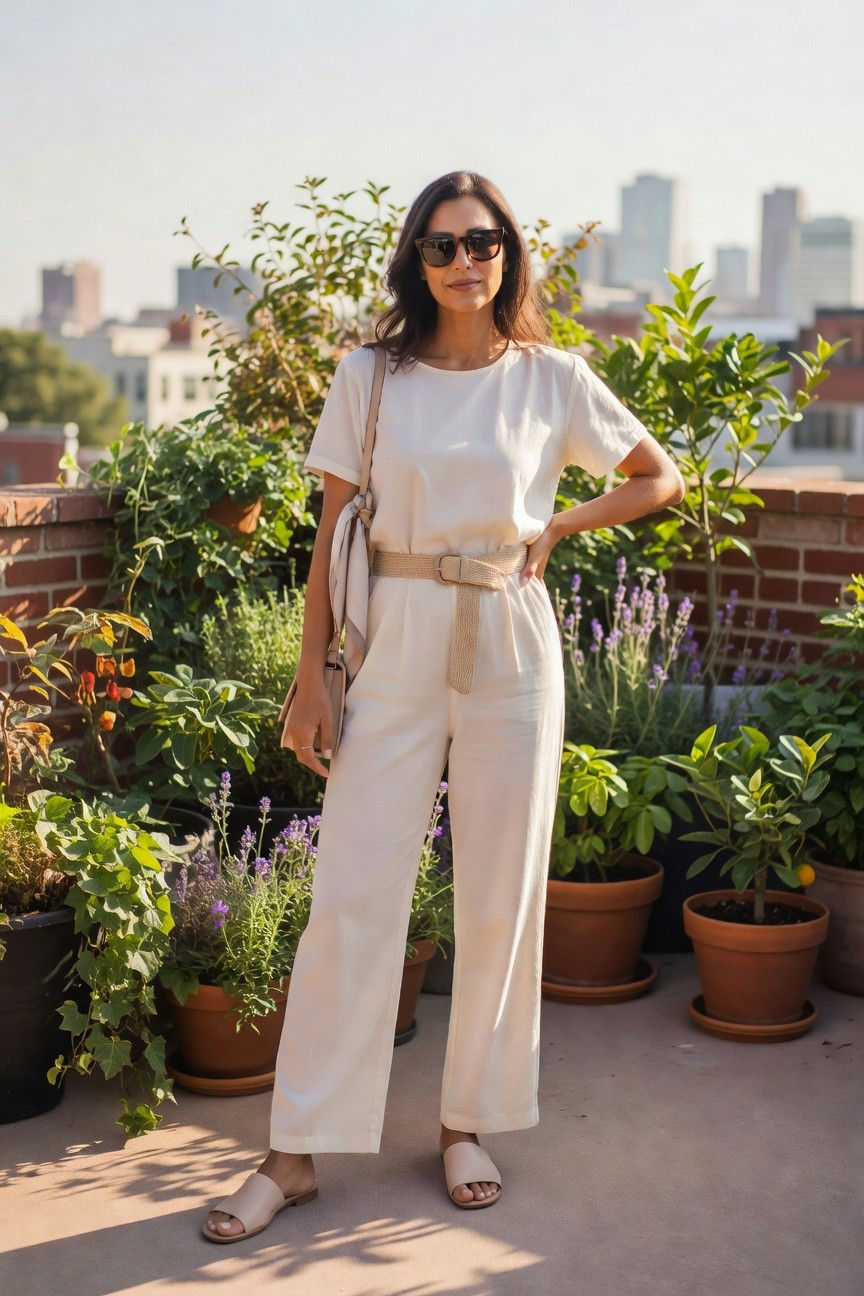 White Jumpsuit With Woven Belt