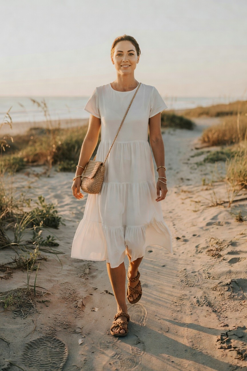 White Tiered Midi Dress With Neutral Sandals