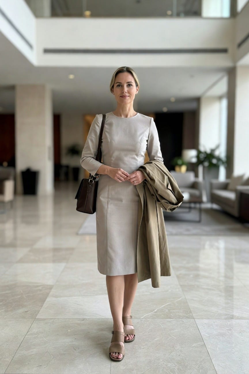 Woman in beige leather dress holding trench coat in modern lobby.