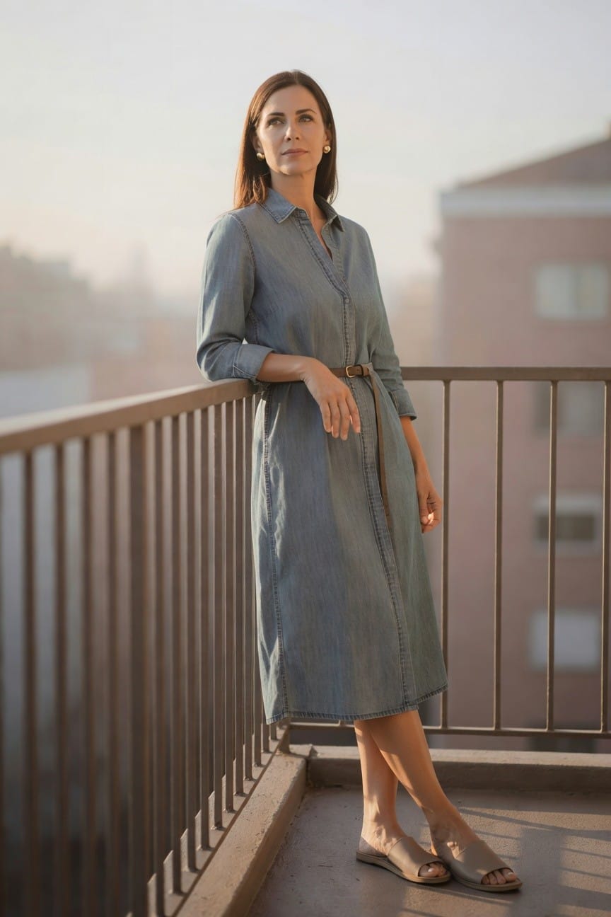 Woman in blue denim shirt dress on balcony at sunset.