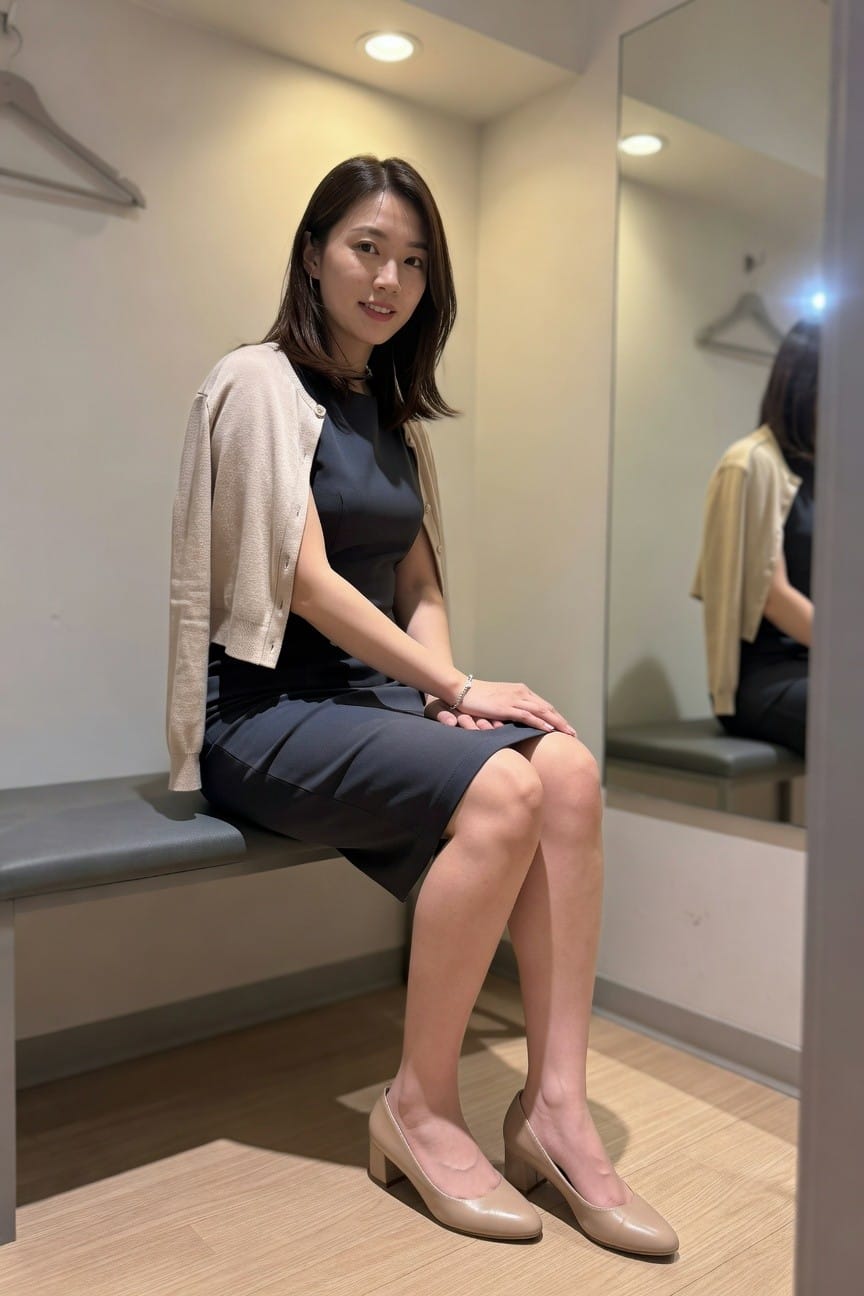 Woman in beige cardigan and dark dress sitting on bench by mirror.