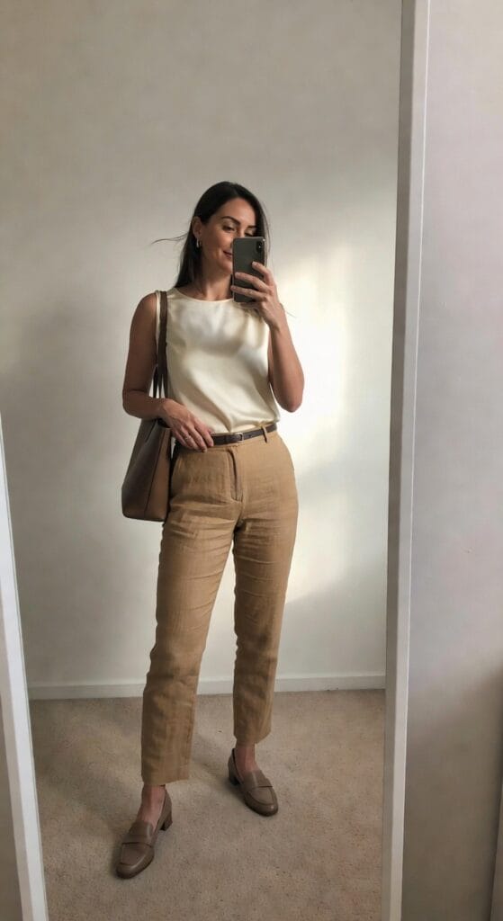 19 Confident Summer Interview Outfits Women Can Rely On A woman poses in front of a mirror, wearing a cream sleeveless top and light brown high-waisted trousers, paired with loafers and a shoulder bag.