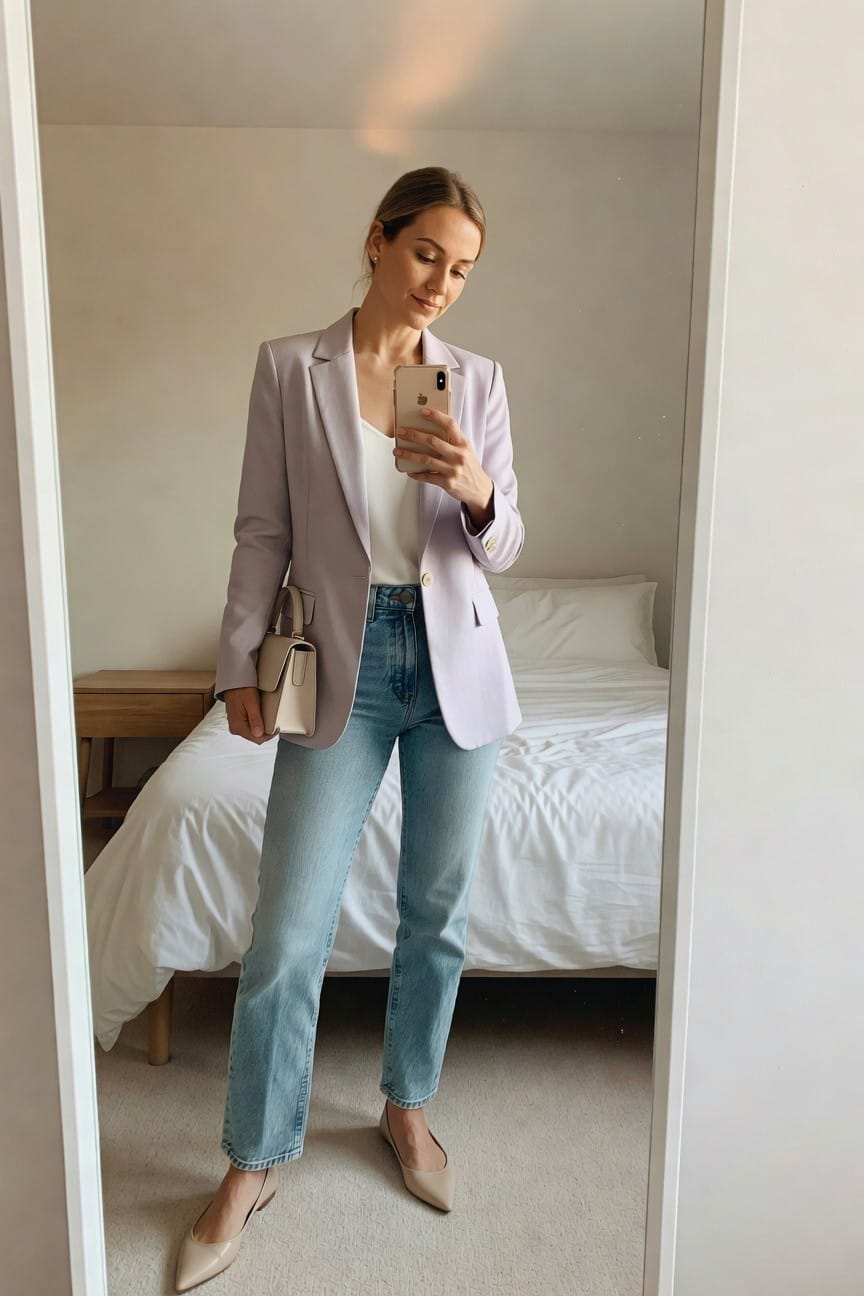 Woman in lavender blazer and jeans taking mirror selfie in bedroom.