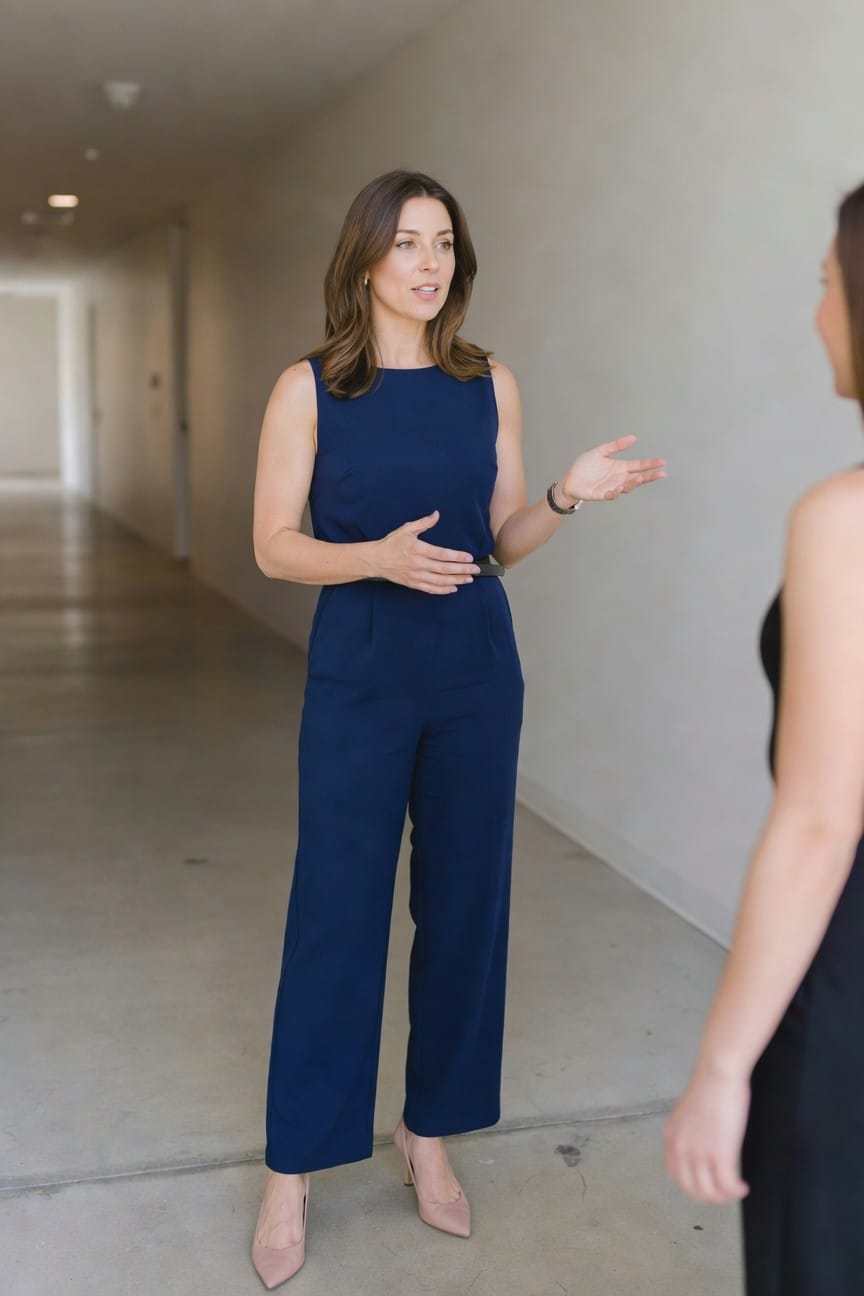 Woman in navy jumpsuit gestures while speaking to another woman.