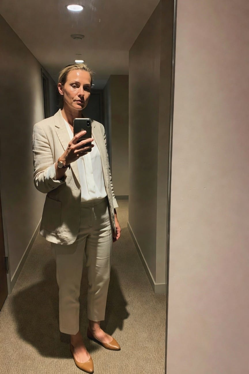 Woman in beige pantsuit taking mirror selfie in hallway.