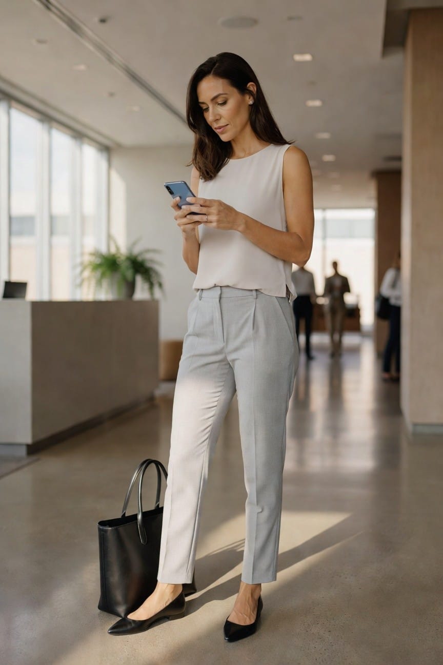 Woman in cream sleeveless top and light gray tailored trousers with black pointed flats holding a phone.