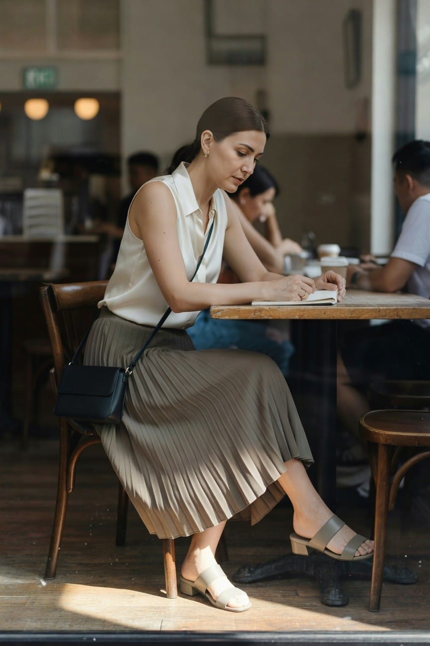Woman in white blouse and pleated skirt writing in notebook at café table.