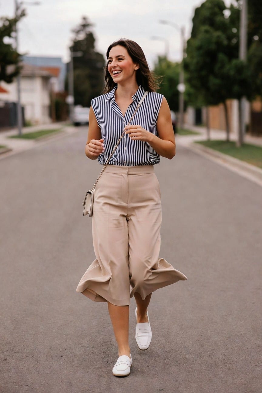 Woman in striped top and beige pants walking on suburban street.