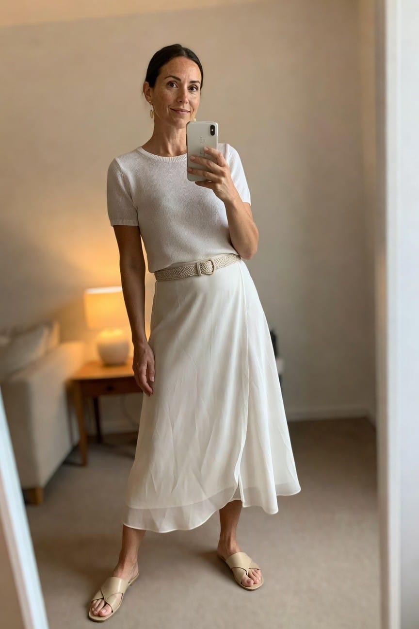 Woman in white knit top and flowing midi skirt taking a mirror selfie.