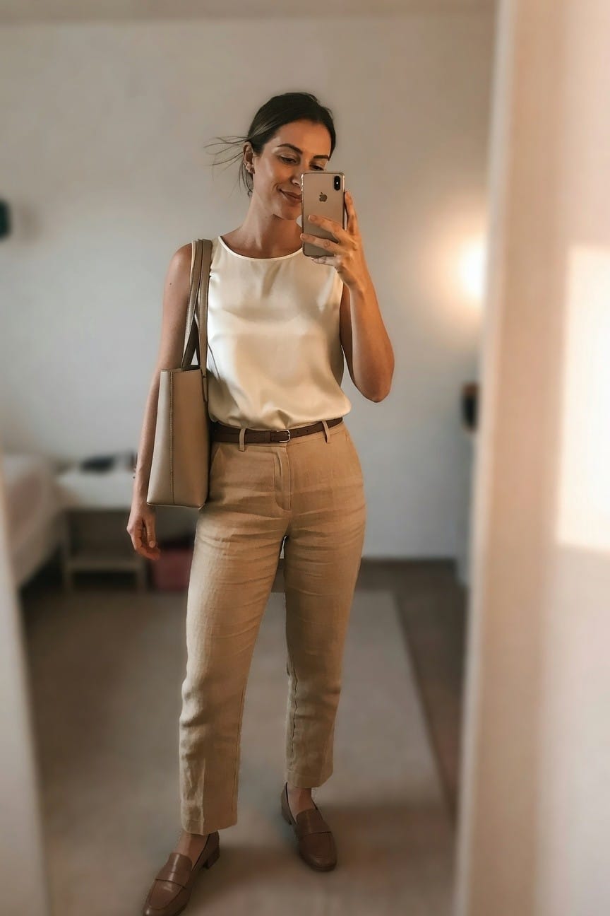 Woman in beige linen pants and white sleeveless top taking a mirror selfie.