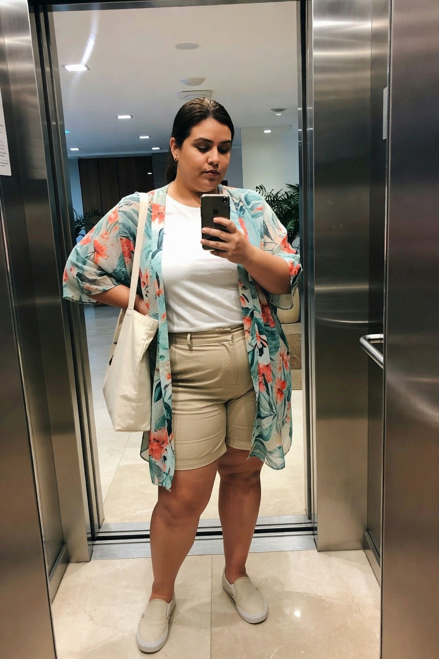 Woman in floral kimono and beige shorts taking mirror selfie in elevator.