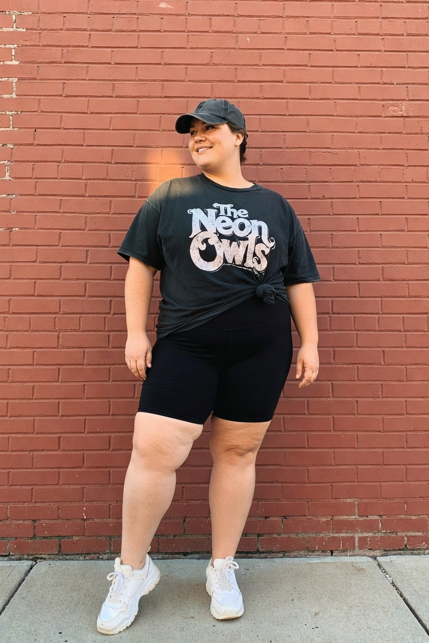 Woman in black t-shirt and shorts stands smiling against red brick wall.