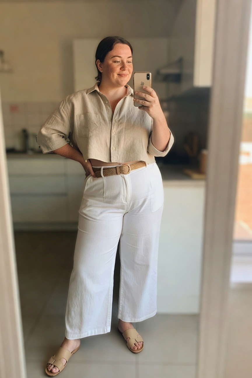 Woman in beige cropped shirt and white wide-leg pants taking a mirror selfie.