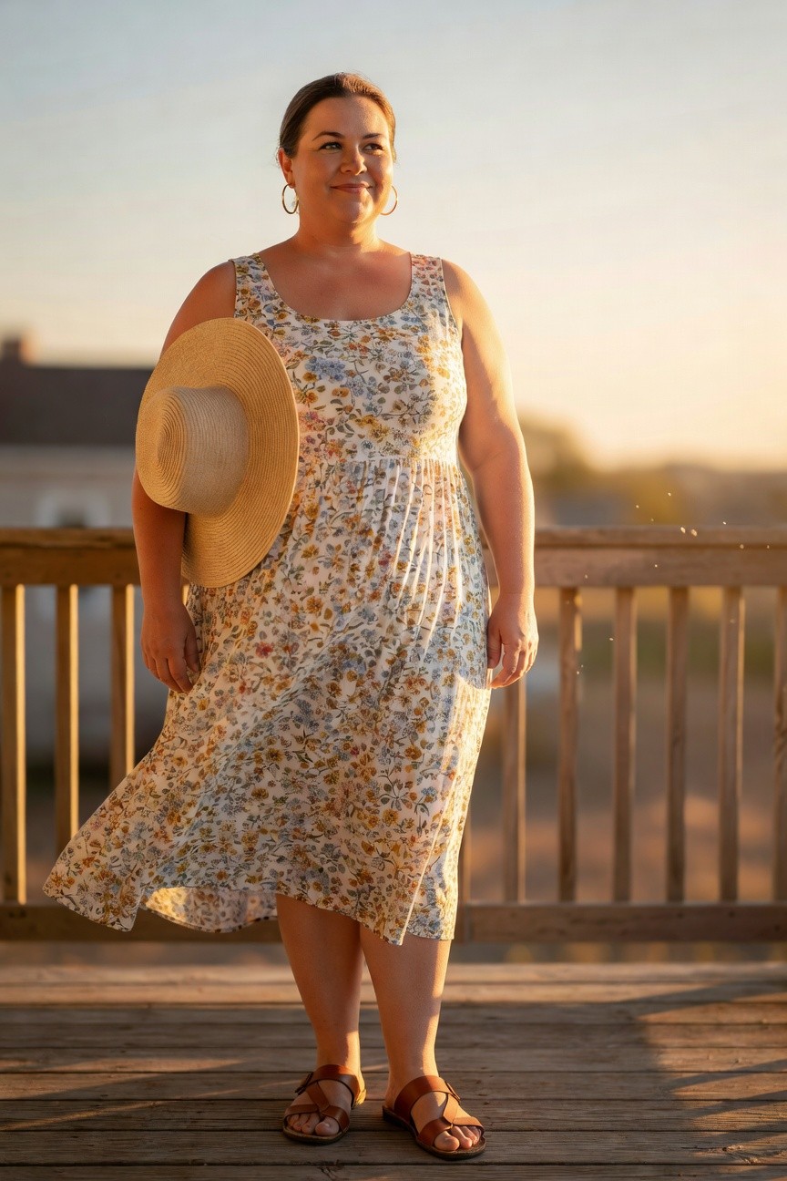 Woman in floral dress holding straw hat on wooden deck at sunset.