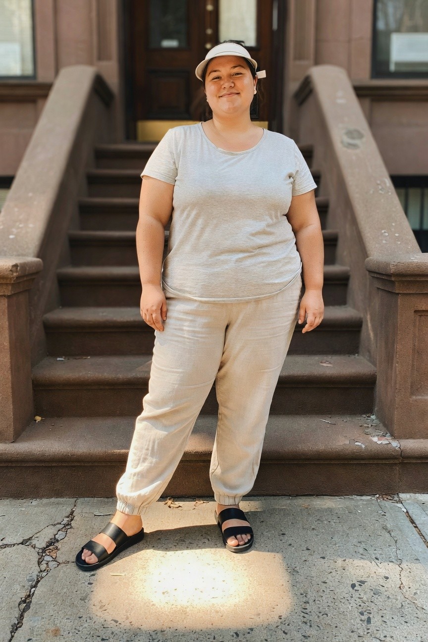 A plus-size woman in beige linen jogger pants, a light gray short-sleeve tee, black slide sandals, and a white visor cap standing on a sidewalk in front of stone steps.