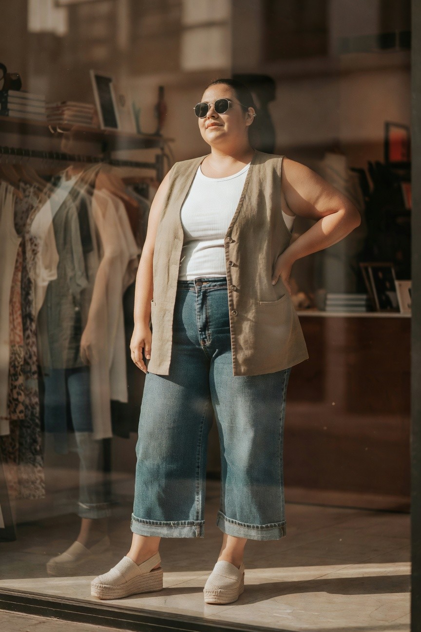 Woman in beige vest and wide-leg jeans stands in sunlight by store window.