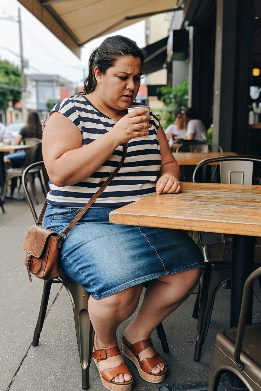 Woman in striped top and denim skirt drinks coffee at outdoor cafe table.