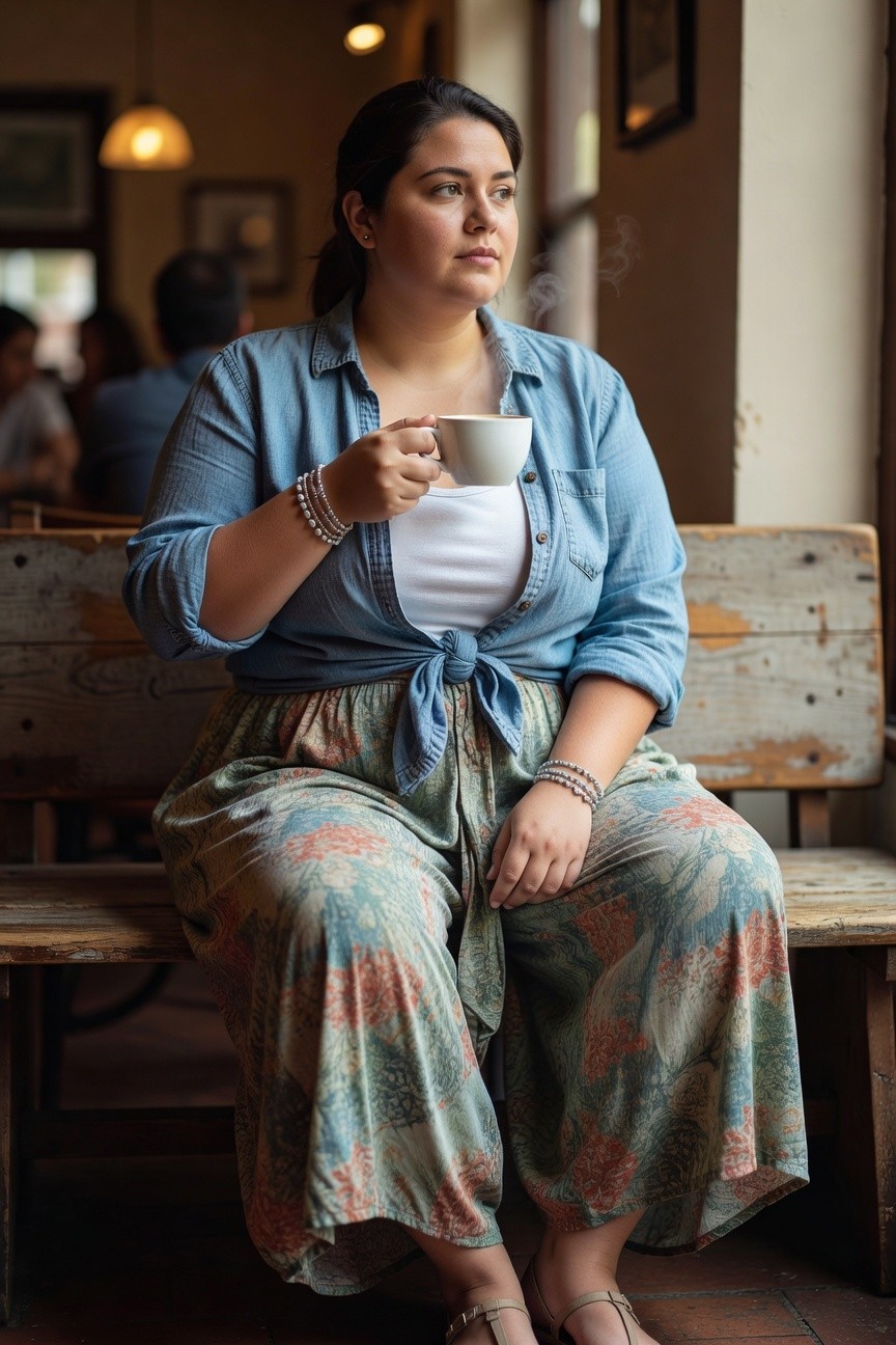 Woman in denim shirt and floral skirt holds steaming coffee cup on bench.