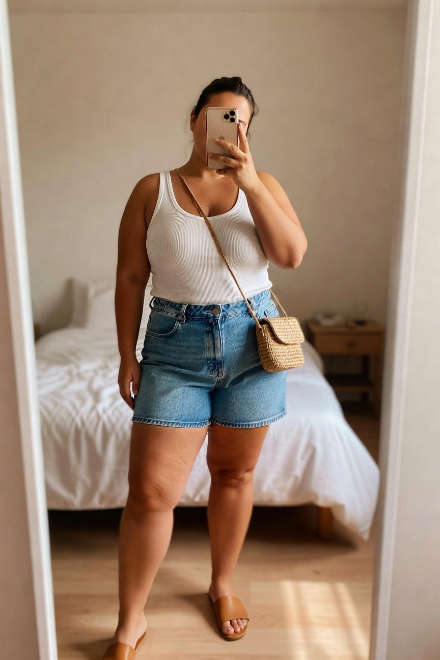 Woman in white tank top and denim shorts taking mirror selfie with woven bag.