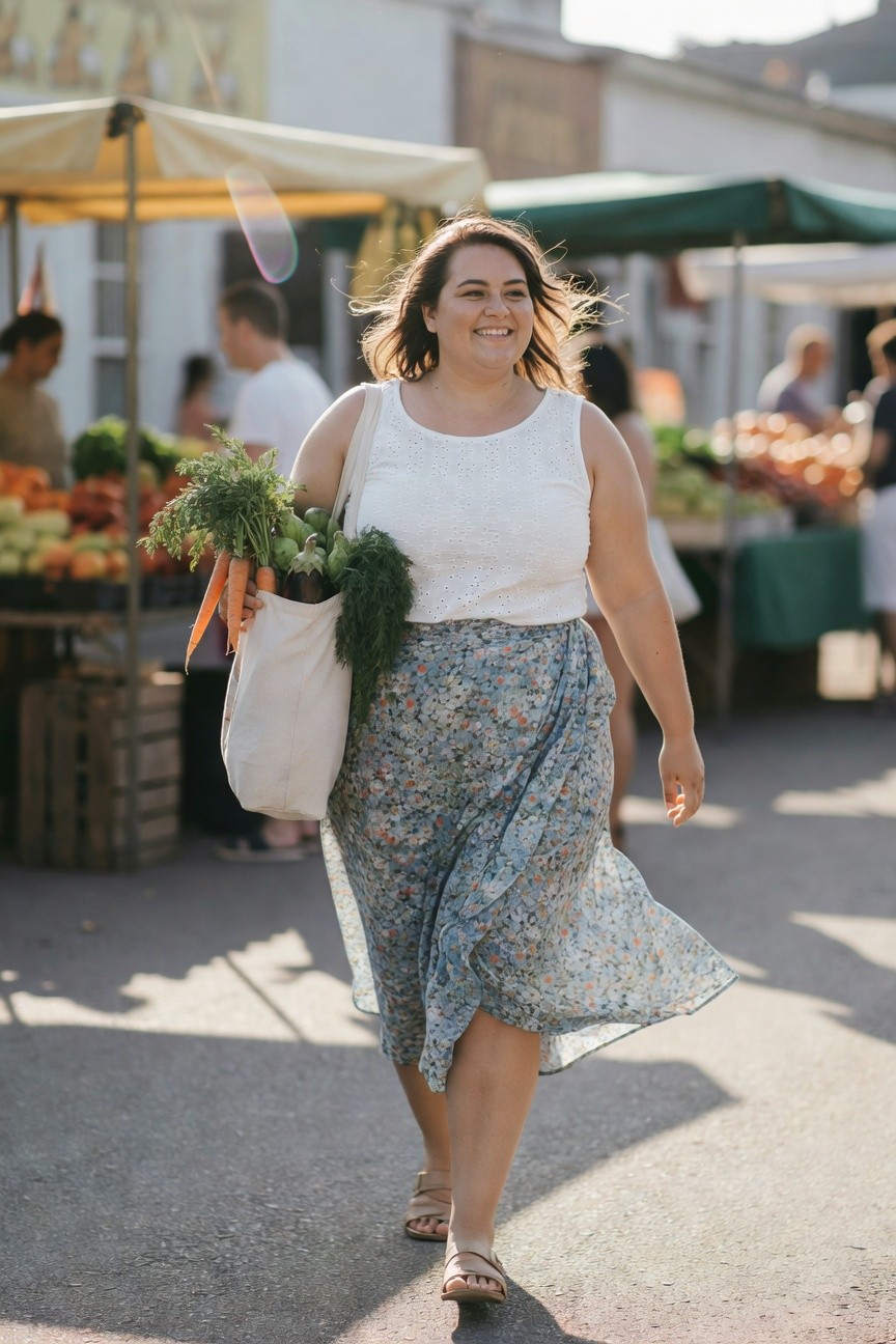 A smiling woman in a white top and floral skirt carries vegetables at a sunny market.