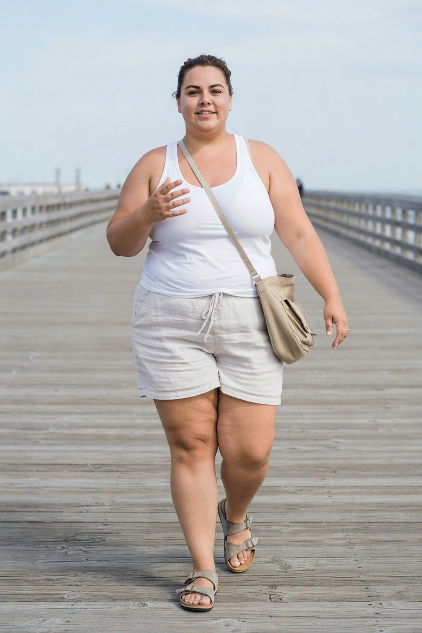 Woman in white tank top and beige shorts walking on wooden pier.
