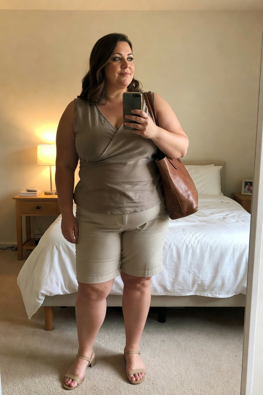 Woman in beige outfit taking a mirror selfie in a bedroom.
