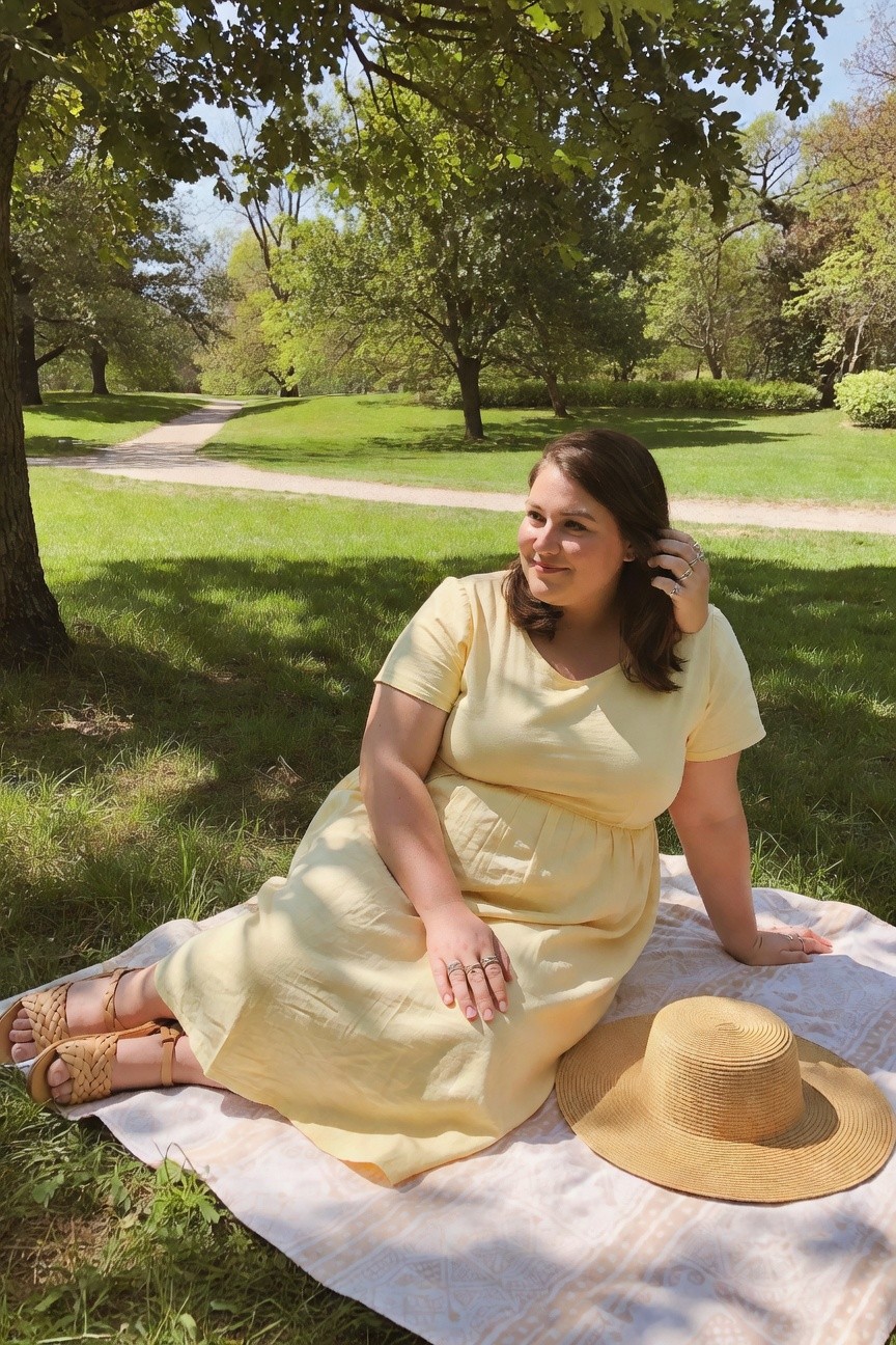 Woman in yellow dress sitting on picnic blanket with straw hat in park.