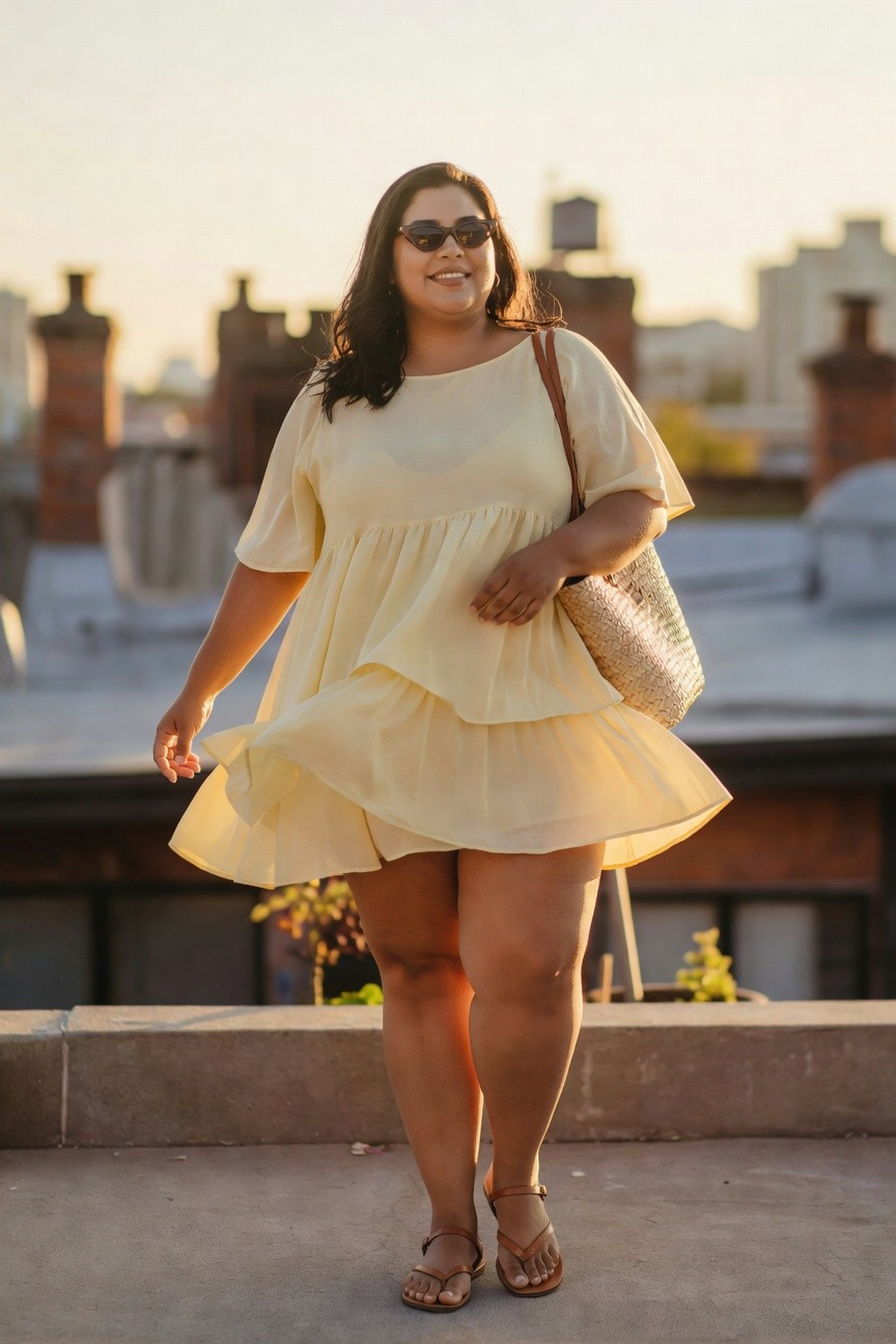 Smiling woman in a flowing yellow tiered dress with woven bag on rooftop.