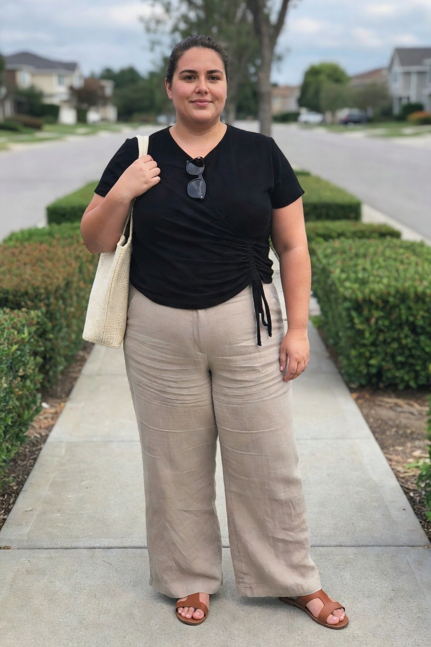 Woman in black top and beige pants holding woven bag on sidewalk.