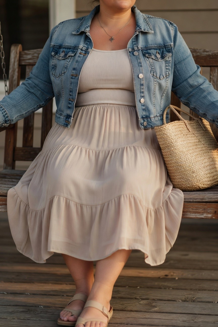 Woman in beige tiered dress and denim jacket holding a straw bag on porch.