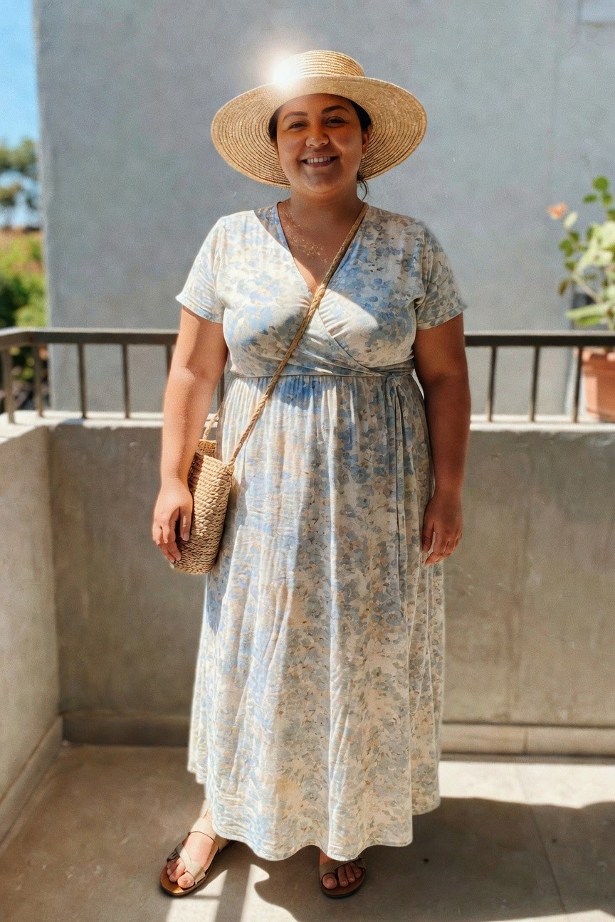 Woman in floral maxi dress and straw hat smiling on balcony.