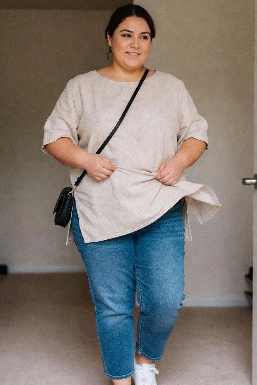 Woman in beige top and blue jeans adjusts her shirt while smiling.