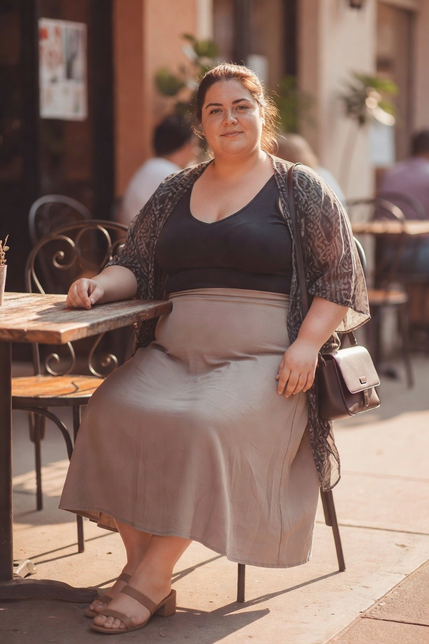 Plus-size woman in black top and beige skirt seated at outdoor café table.